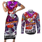 Personalised Eagles ANZAC Day Couples Matching Short Sleeve Bodycon Dress and Long Sleeve Button Shirt Aboriginal Rising Sun