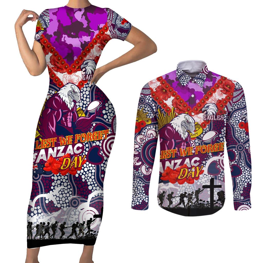 Personalised Eagles ANZAC Day Couples Matching Short Sleeve Bodycon Dress and Long Sleeve Button Shirt Aboriginal Rising Sun