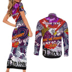 Personalised Eagles ANZAC Day Couples Matching Short Sleeve Bodycon Dress and Long Sleeve Button Shirt Aboriginal Rising Sun