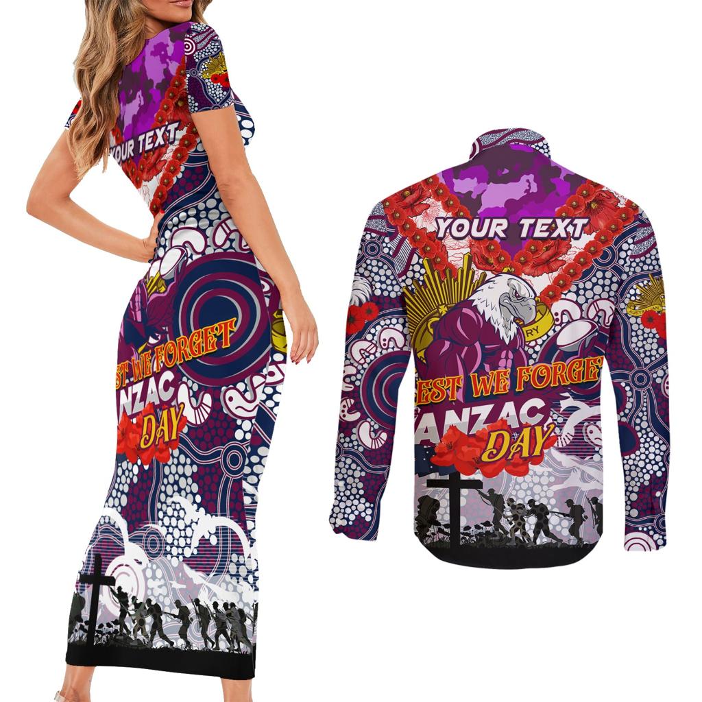 Personalised Eagles ANZAC Day Couples Matching Short Sleeve Bodycon Dress and Long Sleeve Button Shirt Aboriginal Rising Sun