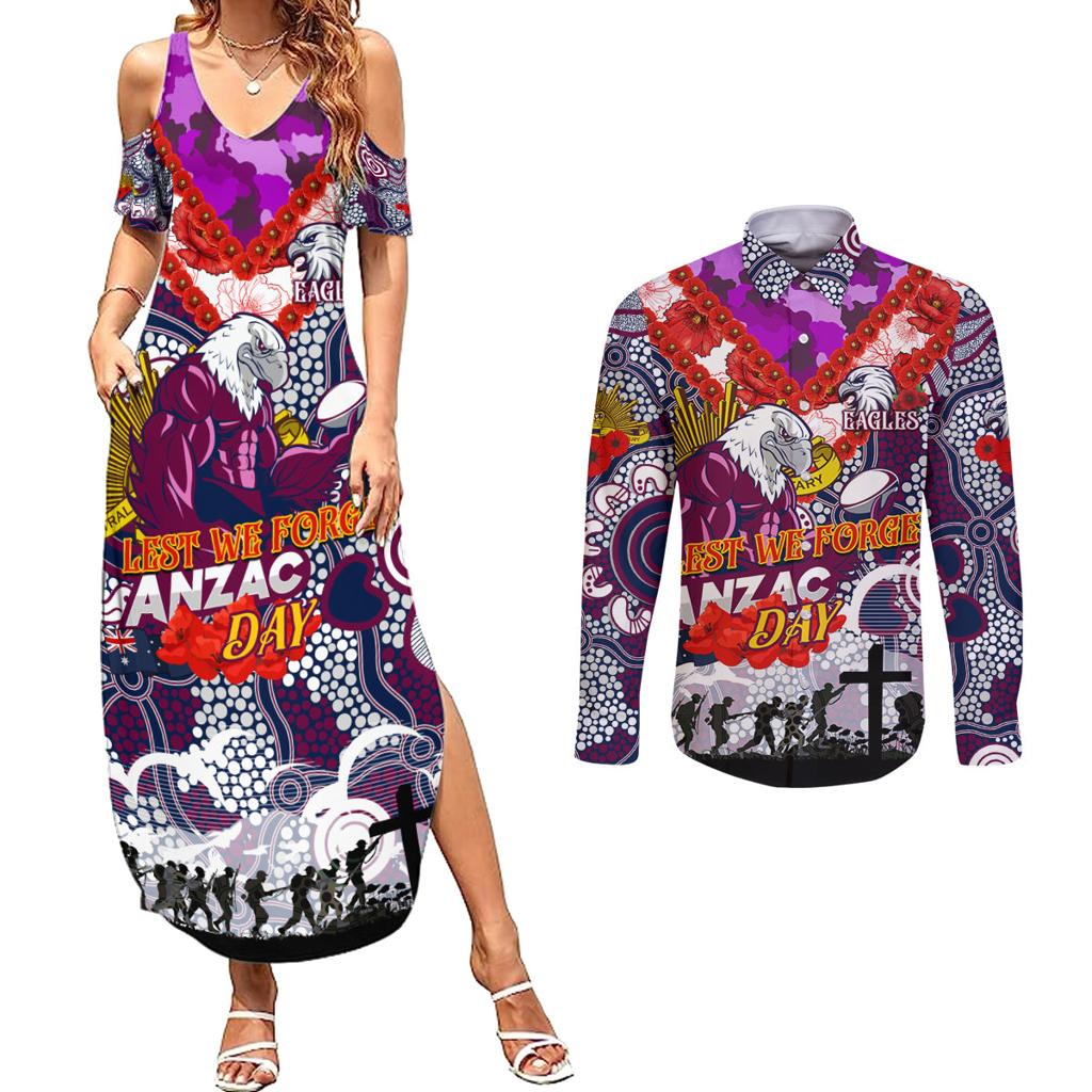 Personalised Eagles ANZAC Day Couples Matching Summer Maxi Dress and Long Sleeve Button Shirt Aboriginal Rising Sun