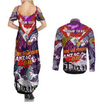 Personalised Eagles ANZAC Day Couples Matching Summer Maxi Dress and Long Sleeve Button Shirt Aboriginal Rising Sun