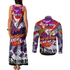 Personalised Eagles ANZAC Day Couples Matching Tank Maxi Dress and Long Sleeve Button Shirt Aboriginal Rising Sun