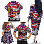 Personalised Eagles ANZAC Day Family Matching Off The Shoulder Long Sleeve Dress and Hawaiian Shirt Aboriginal Rising Sun