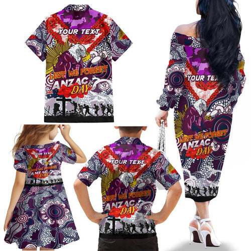 Personalised Eagles ANZAC Day Family Matching Off The Shoulder Long Sleeve Dress and Hawaiian Shirt Aboriginal Rising Sun