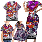 Personalised Eagles ANZAC Day Family Matching Short Sleeve Bodycon Dress and Hawaiian Shirt Aboriginal Rising Sun