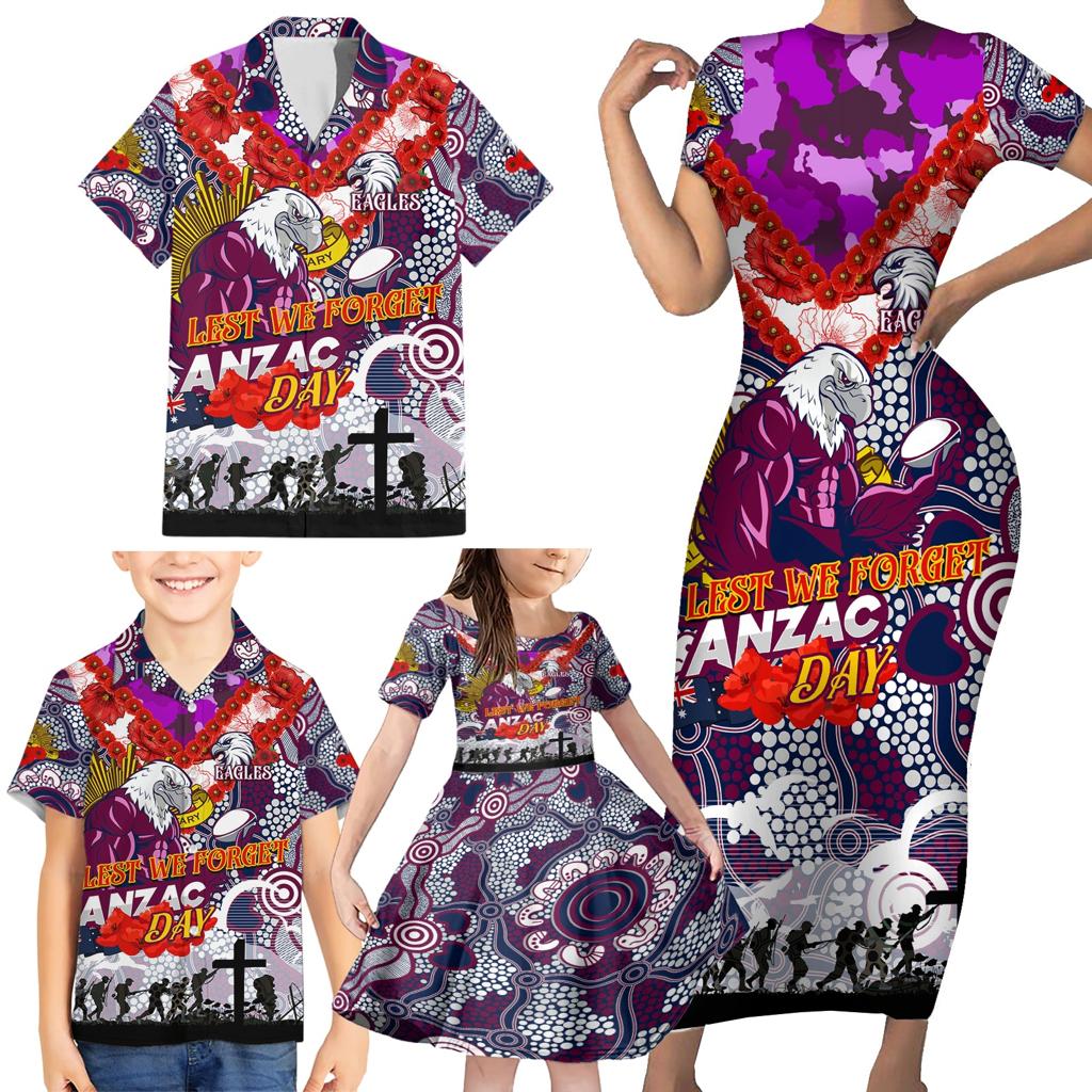 Personalised Eagles ANZAC Day Family Matching Short Sleeve Bodycon Dress and Hawaiian Shirt Aboriginal Rising Sun