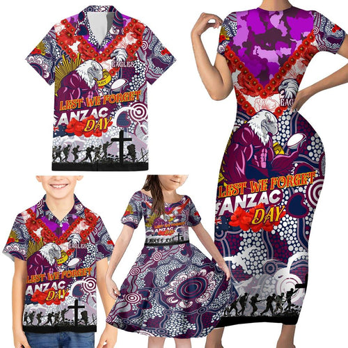 Personalised Eagles ANZAC Day Family Matching Short Sleeve Bodycon Dress and Hawaiian Shirt Aboriginal Rising Sun