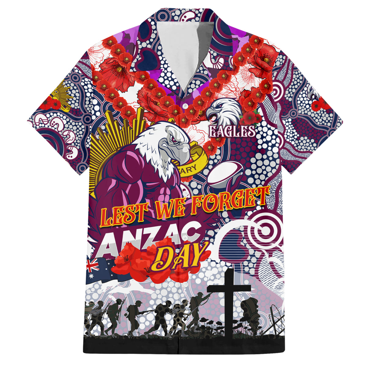 Personalised Eagles ANZAC Day Hawaiian Shirt Aboriginal Rising Sun