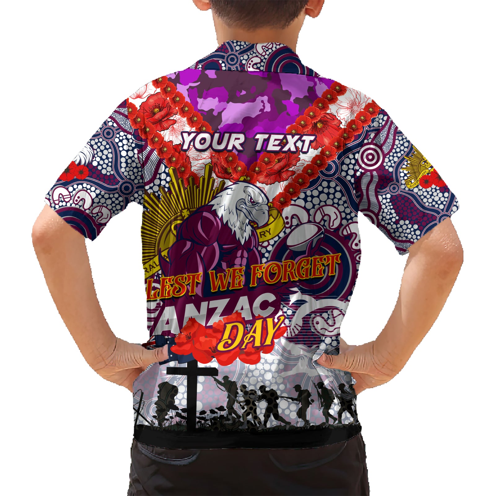 Personalised Eagles ANZAC Day Kid Hawaiian Shirt Aboriginal Rising Sun