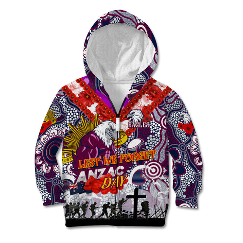 Personalised Eagles ANZAC Day Kid Hoodie Aboriginal Rising Sun