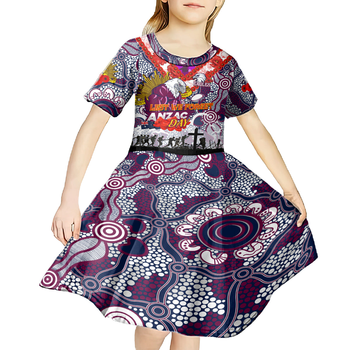 Personalised Eagles ANZAC Day Kid Short Sleeve Dress Aboriginal Rising Sun