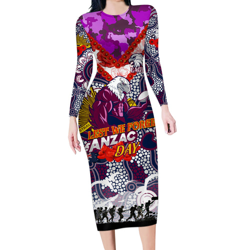 Personalised Eagles ANZAC Day Long Sleeve Bodycon Dress Aboriginal Rising Sun