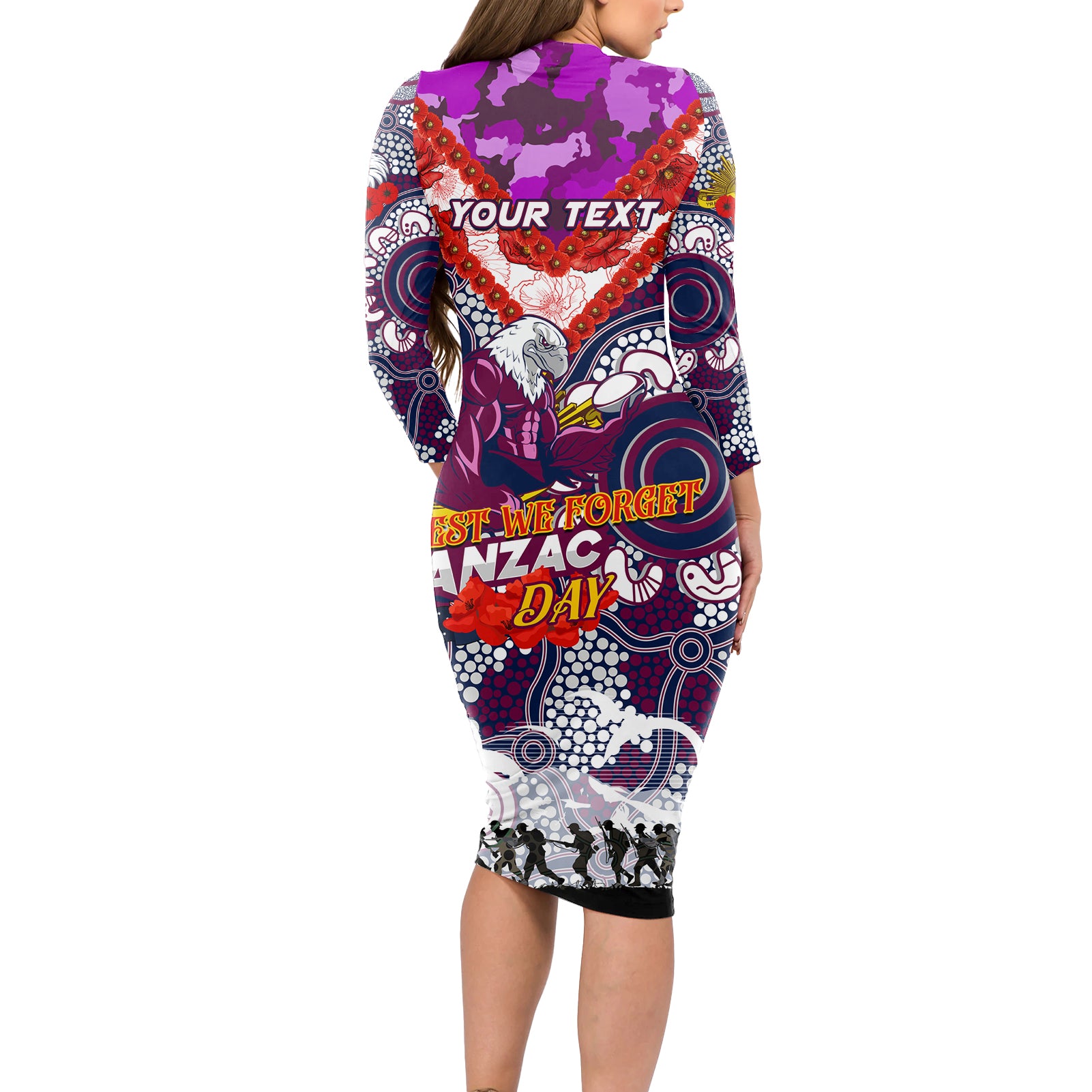 Personalised Eagles ANZAC Day Long Sleeve Bodycon Dress Aboriginal Rising Sun