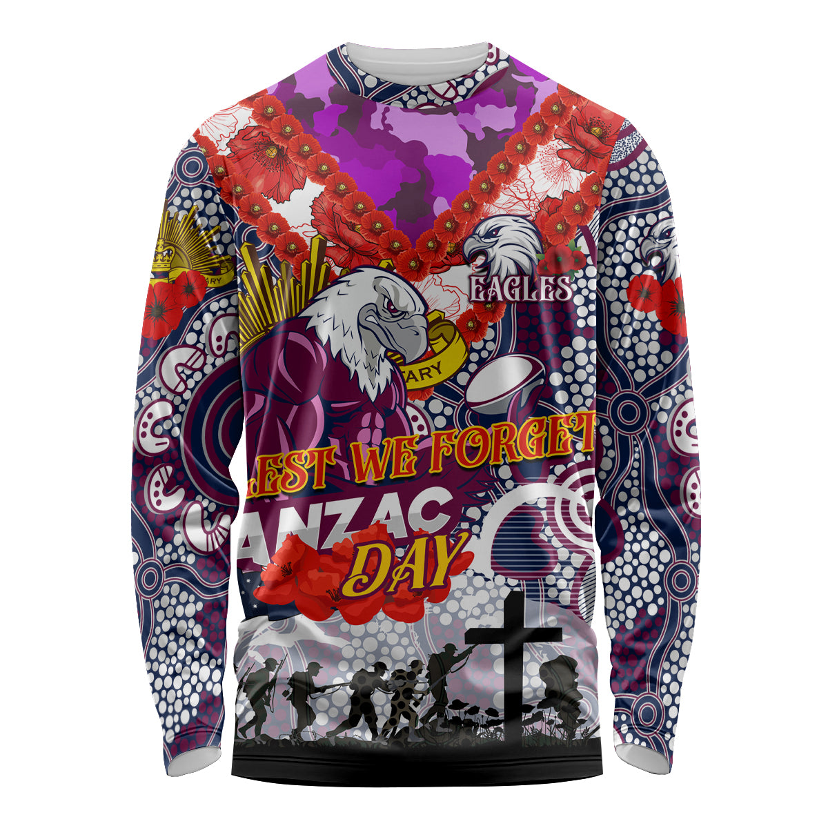 Personalised Eagles ANZAC Day Long Sleeve Shirt Aboriginal Rising Sun