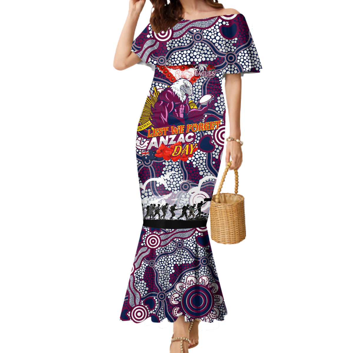 Personalised Eagles ANZAC Day Mermaid Dress Aboriginal Rising Sun