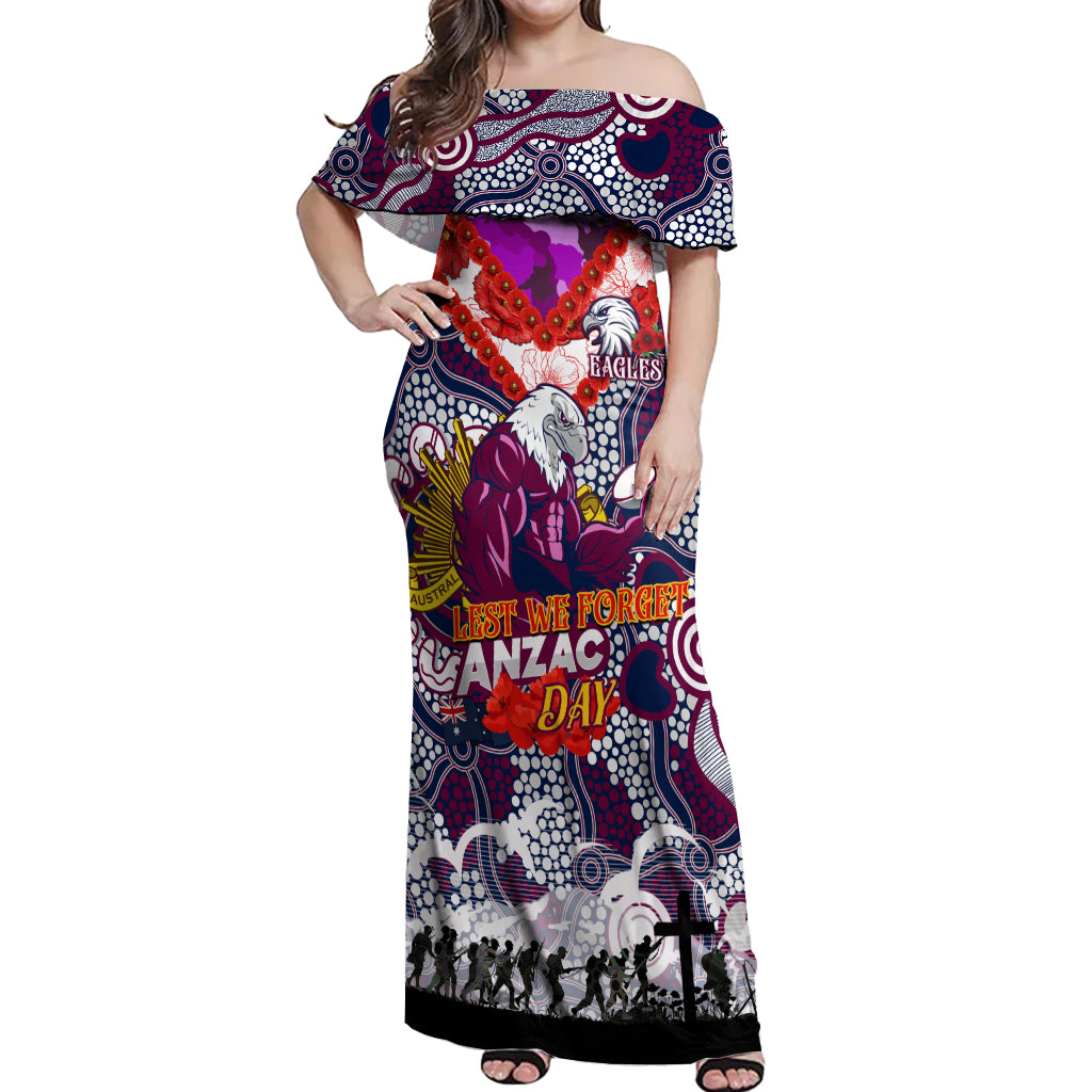 Personalised Eagles ANZAC Day Off Shoulder Maxi Dress Aboriginal Rising Sun