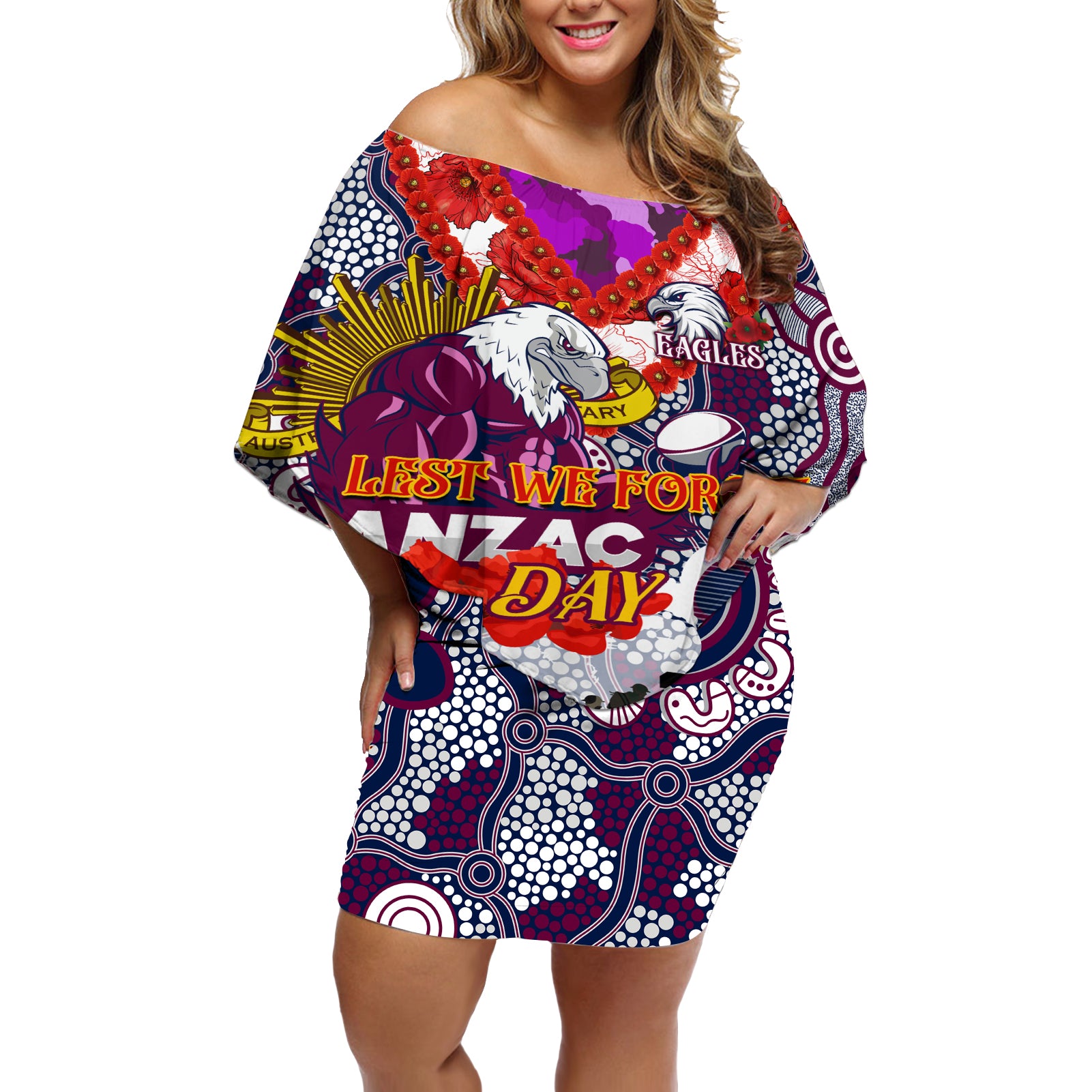 Personalised Eagles ANZAC Day Off Shoulder Short Dress Aboriginal Rising Sun