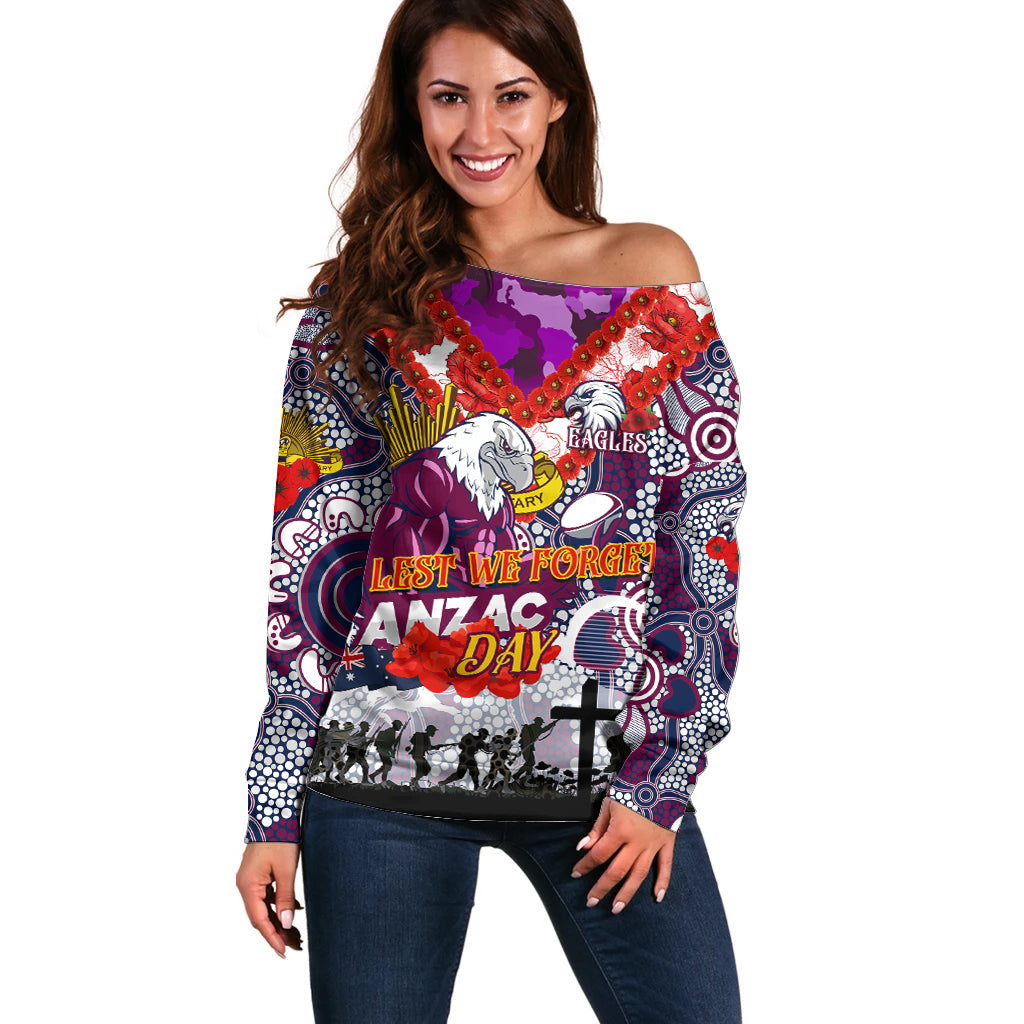 Personalised Eagles ANZAC Day Off Shoulder Sweater Aboriginal Rising Sun
