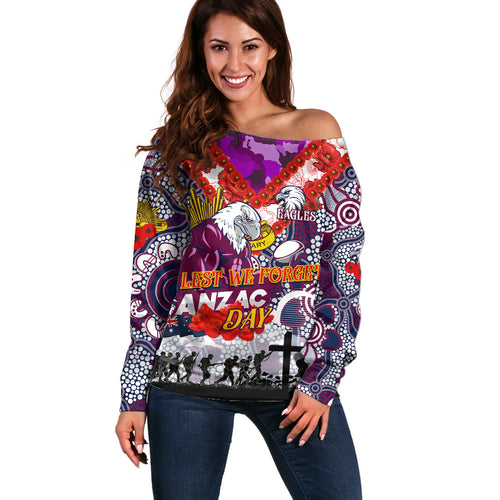Personalised Eagles ANZAC Day Off Shoulder Sweater Aboriginal Rising Sun