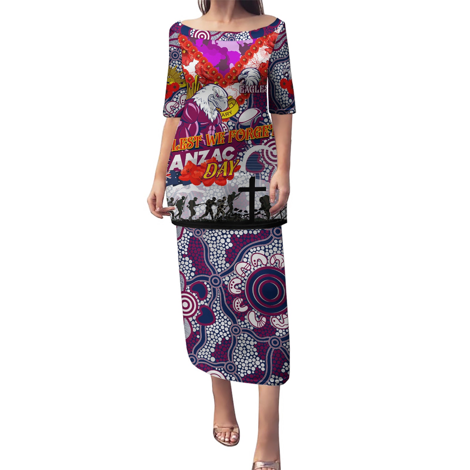 Personalised Eagles ANZAC Day Puletasi Aboriginal Rising Sun