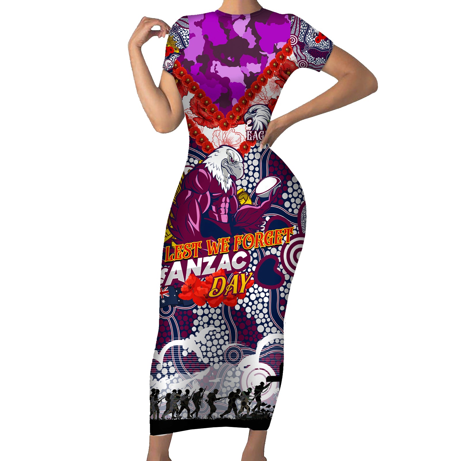 Personalised Eagles ANZAC Day Short Sleeve Bodycon Dress Aboriginal Rising Sun