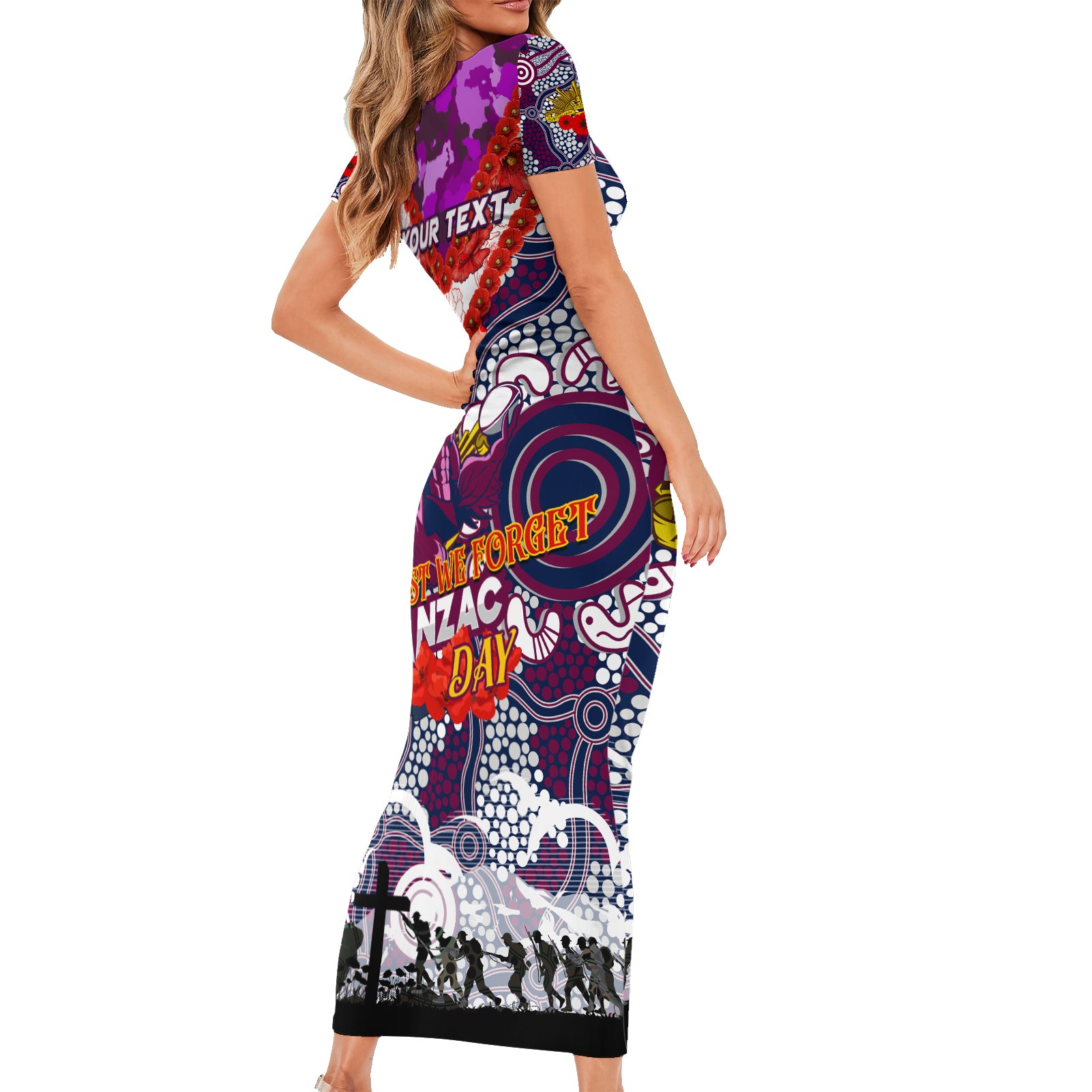 Personalised Eagles ANZAC Day Short Sleeve Bodycon Dress Aboriginal Rising Sun