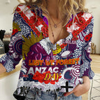 Personalised Eagles ANZAC Day Women Casual Shirt Aboriginal Rising Sun