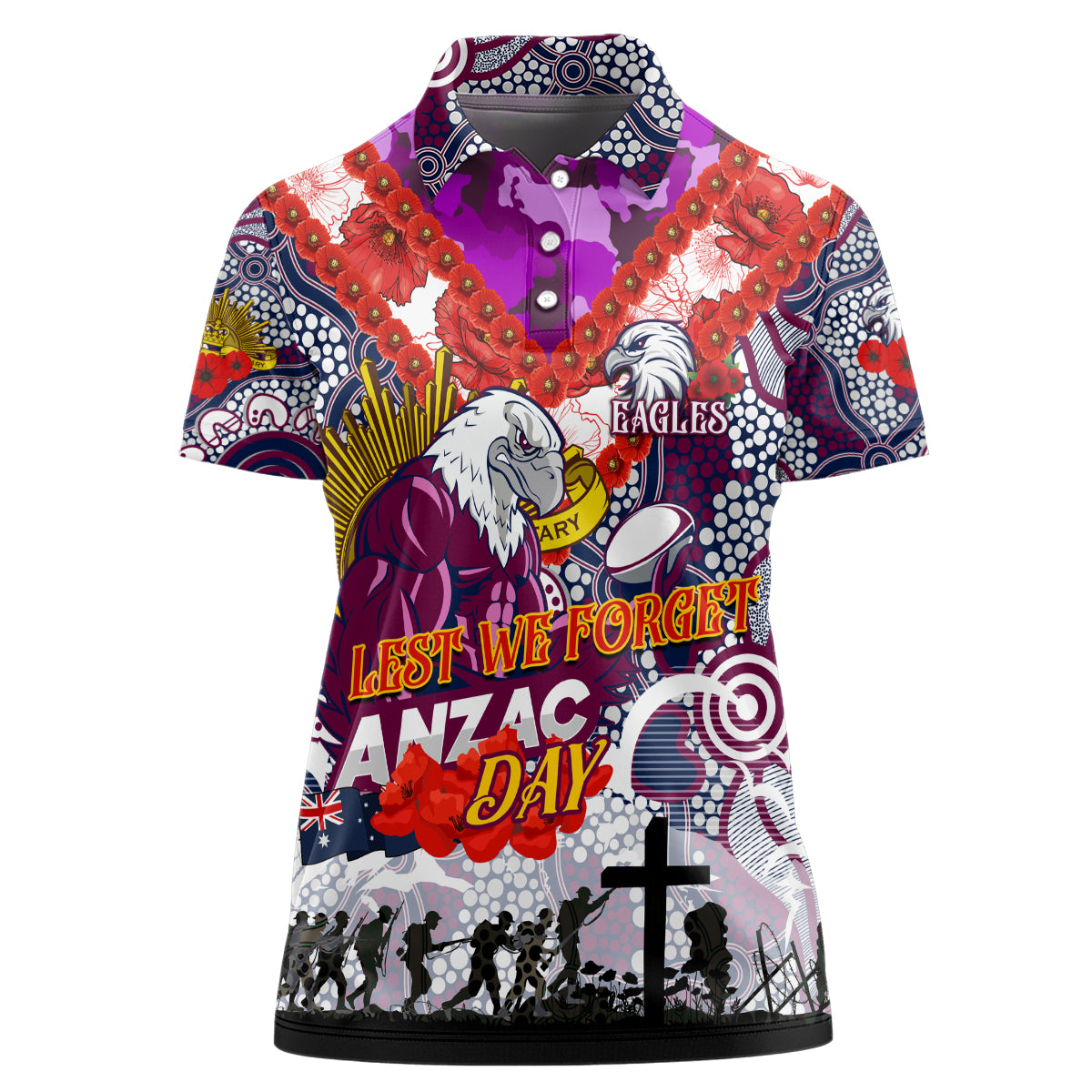 Personalised Eagles ANZAC Day Women Polo Shirt Aboriginal Rising Sun