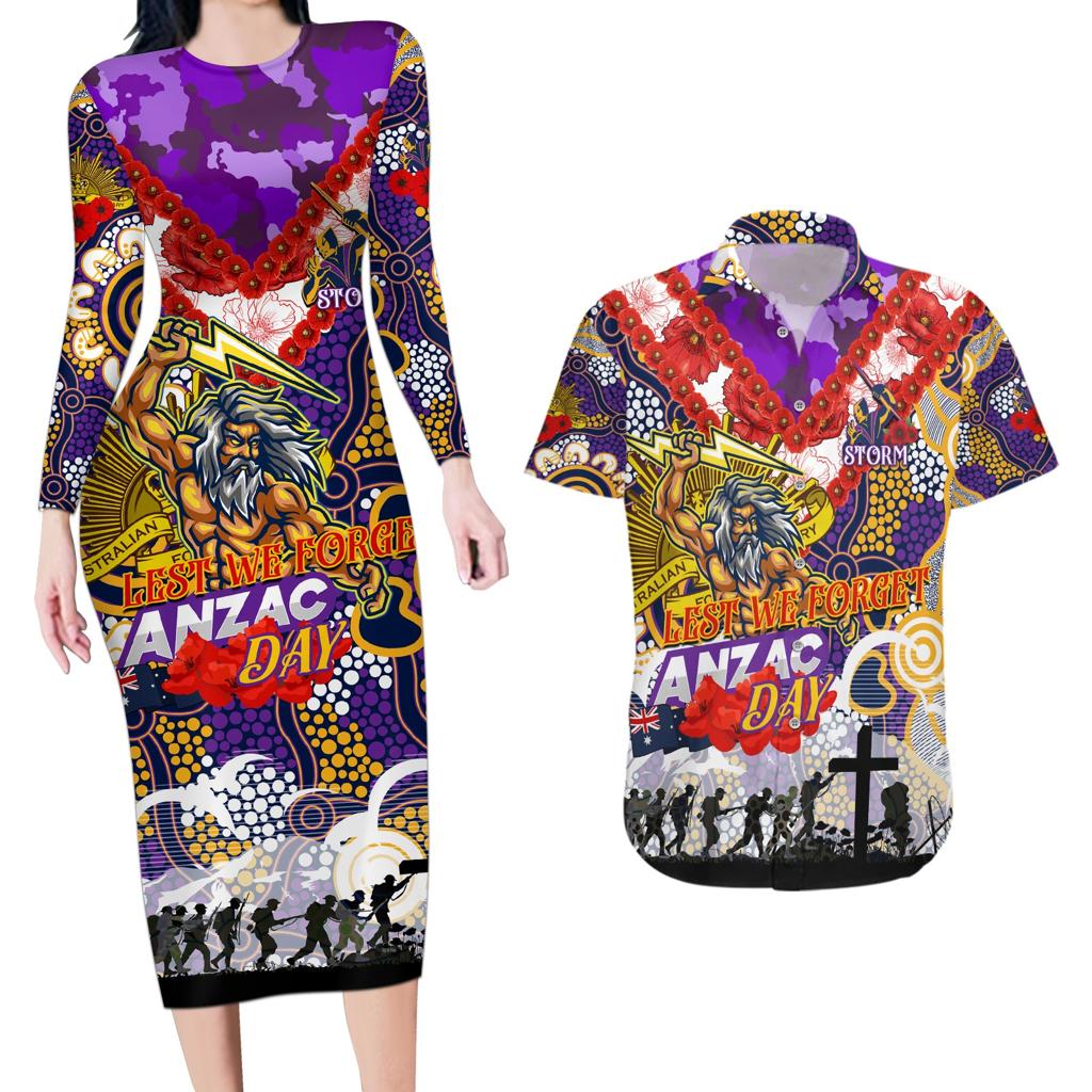 Personalised Storm ANZAC Day Couples Matching Long Sleeve Bodycon Dress and Hawaiian Shirt Aboriginal Rising Sun