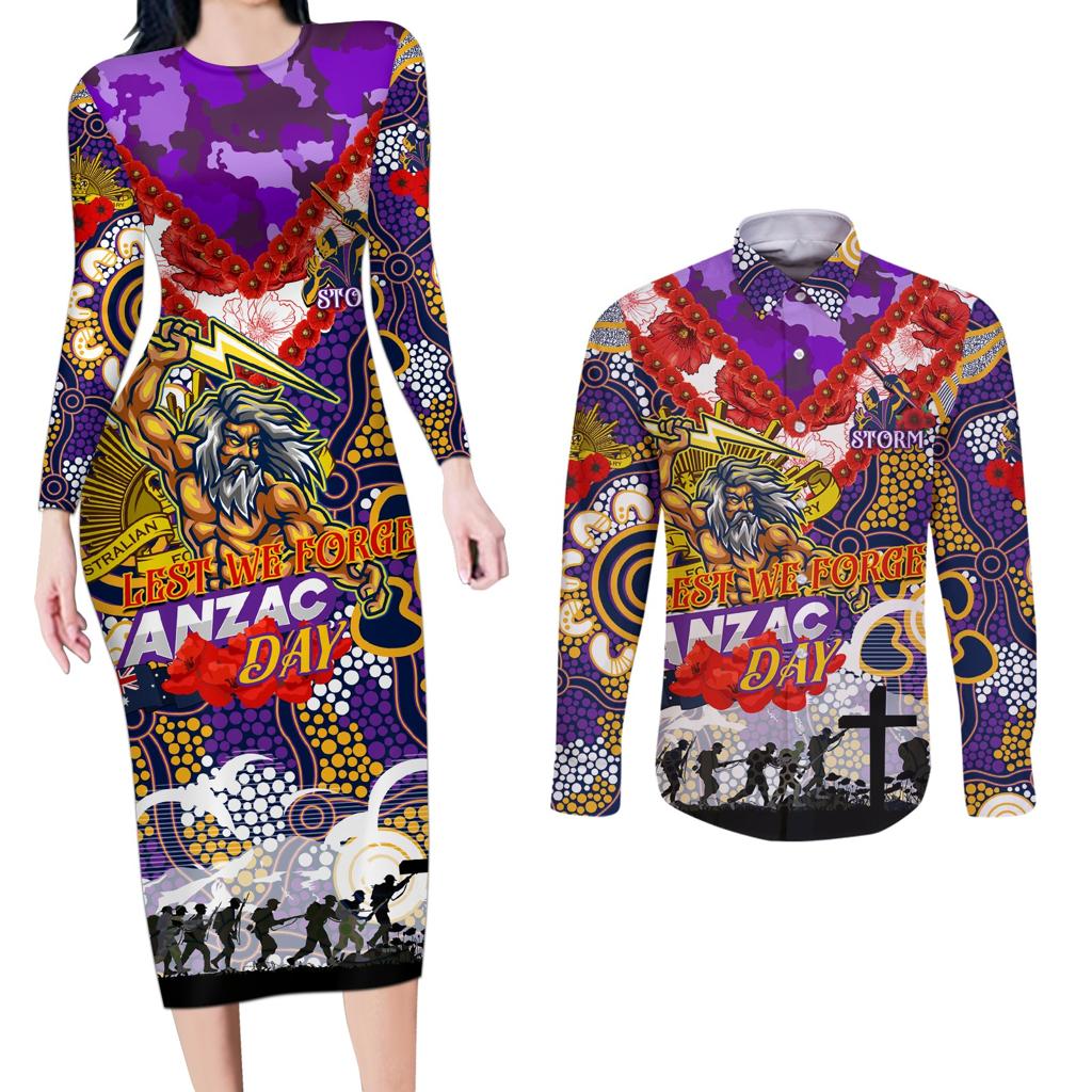 Personalised Storm ANZAC Day Couples Matching Long Sleeve Bodycon Dress and Long Sleeve Button Shirt Aboriginal Rising Sun