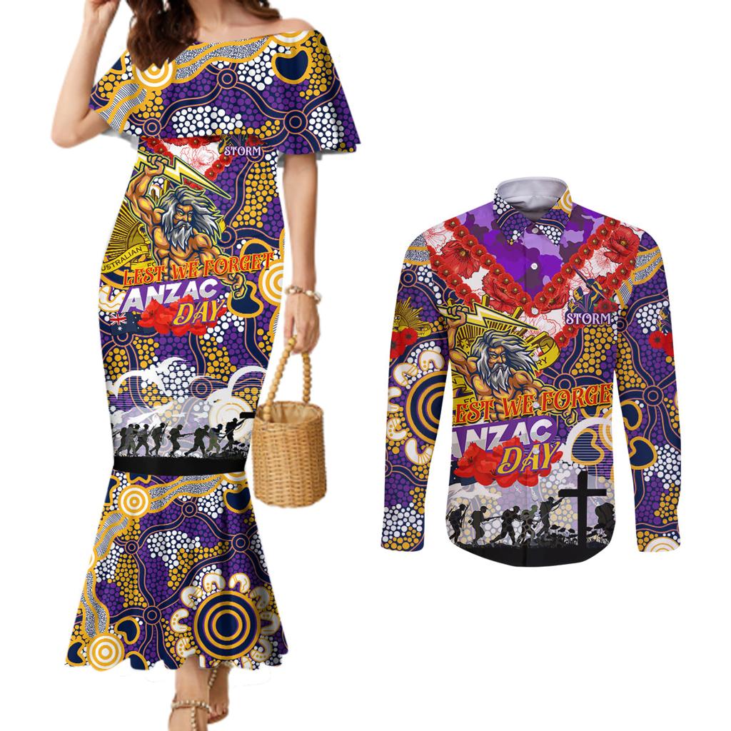Personalised Storm ANZAC Day Couples Matching Mermaid Dress and Long Sleeve Button Shirt Aboriginal Rising Sun