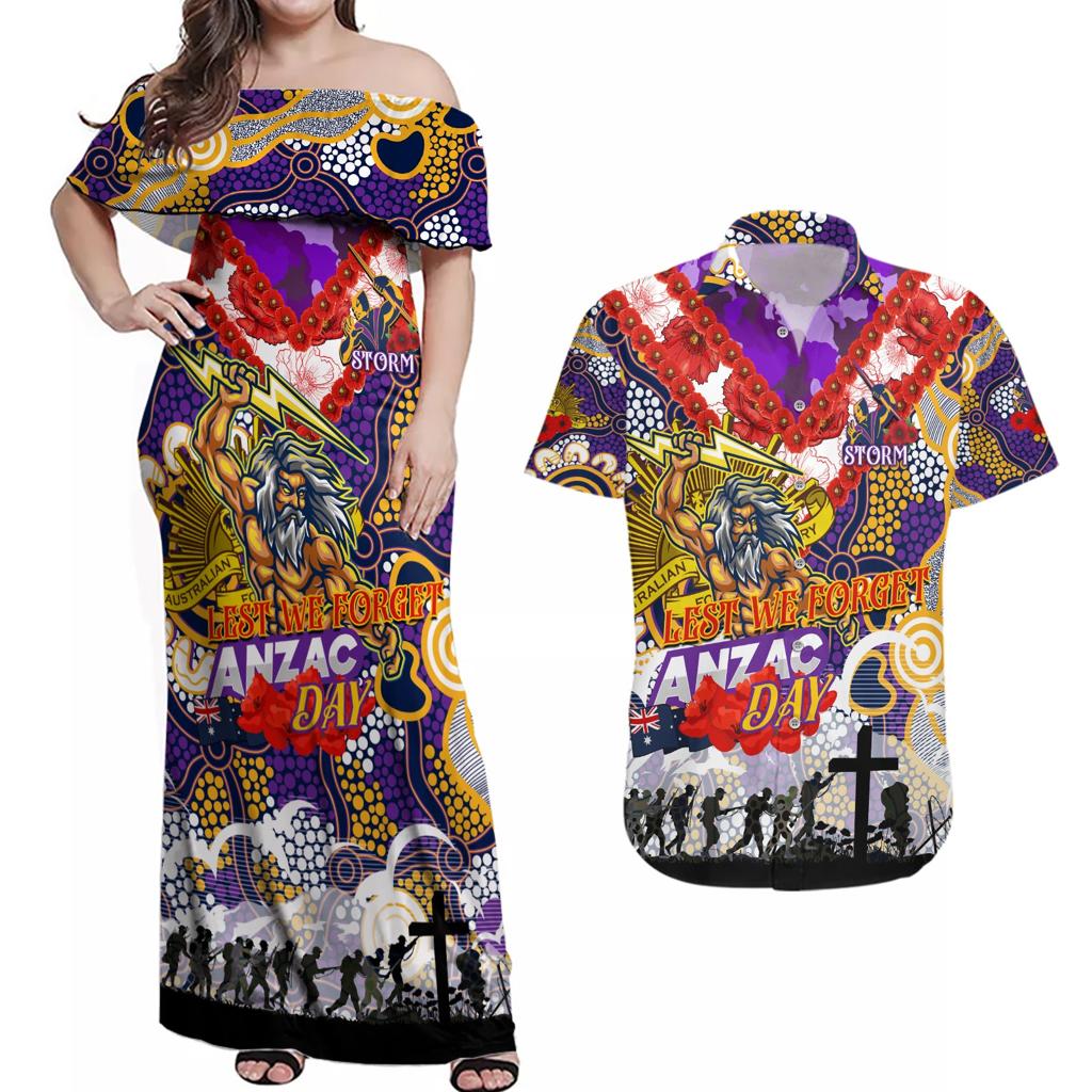 Personalised Storm ANZAC Day Couples Matching Off Shoulder Maxi Dress and Hawaiian Shirt Aboriginal Rising Sun