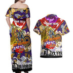 Personalised Storm ANZAC Day Couples Matching Off Shoulder Maxi Dress and Hawaiian Shirt Aboriginal Rising Sun