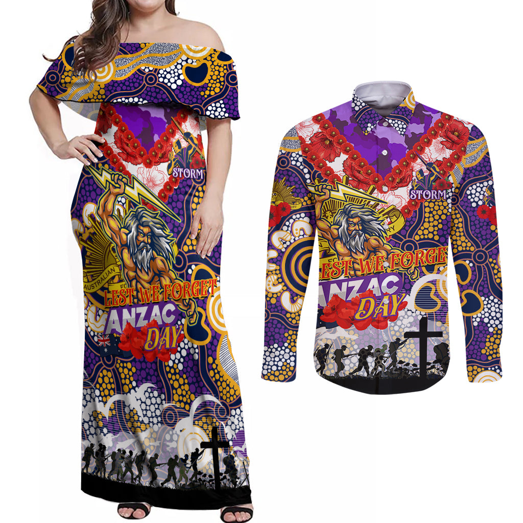 Personalised Storm ANZAC Day Couples Matching Off Shoulder Maxi Dress and Long Sleeve Button Shirt Aboriginal Rising Sun