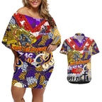 Personalised Storm ANZAC Day Couples Matching Off Shoulder Short Dress and Hawaiian Shirt Aboriginal Rising Sun