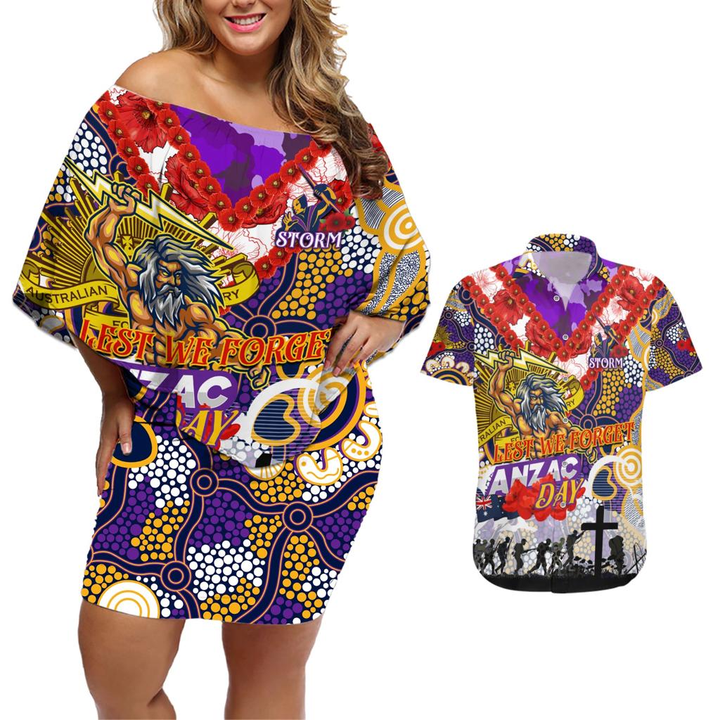 Personalised Storm ANZAC Day Couples Matching Off Shoulder Short Dress and Hawaiian Shirt Aboriginal Rising Sun