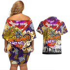 Personalised Storm ANZAC Day Couples Matching Off Shoulder Short Dress and Hawaiian Shirt Aboriginal Rising Sun
