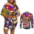 Personalised Storm ANZAC Day Couples Matching Off Shoulder Short Dress and Long Sleeve Button Shirt Aboriginal Rising Sun