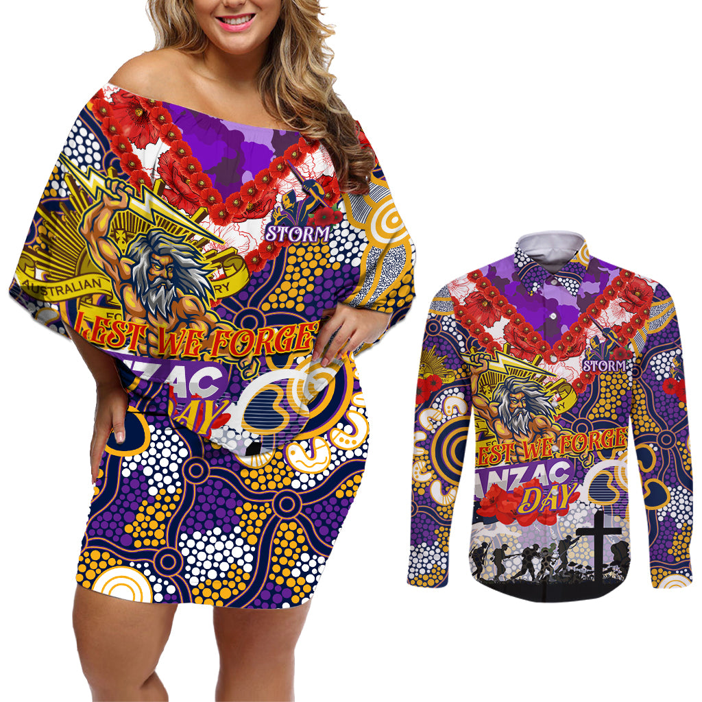 Personalised Storm ANZAC Day Couples Matching Off Shoulder Short Dress and Long Sleeve Button Shirt Aboriginal Rising Sun