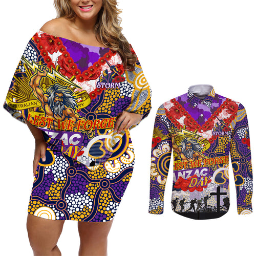 Personalised Storm ANZAC Day Couples Matching Off Shoulder Short Dress and Long Sleeve Button Shirt Aboriginal Rising Sun