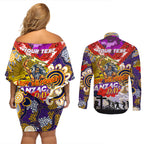 Personalised Storm ANZAC Day Couples Matching Off Shoulder Short Dress and Long Sleeve Button Shirt Aboriginal Rising Sun