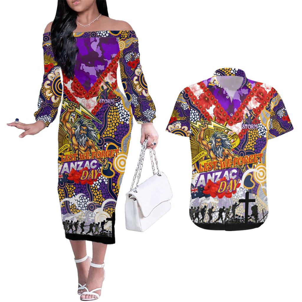 Personalised Storm ANZAC Day Couples Matching Off The Shoulder Long Sleeve Dress and Hawaiian Shirt Aboriginal Rising Sun