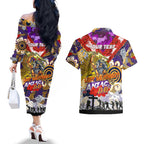 Personalised Storm ANZAC Day Couples Matching Off The Shoulder Long Sleeve Dress and Hawaiian Shirt Aboriginal Rising Sun