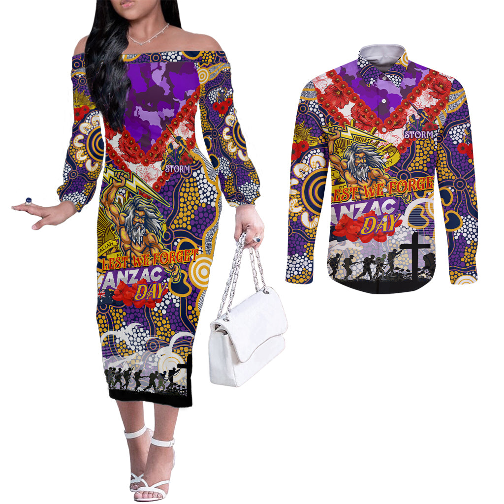 Personalised Storm ANZAC Day Couples Matching Off The Shoulder Long Sleeve Dress and Long Sleeve Button Shirt Aboriginal Rising Sun