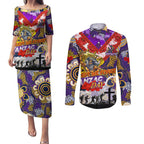 Personalised Storm ANZAC Day Couples Matching Puletasi and Long Sleeve Button Shirt Aboriginal Rising Sun