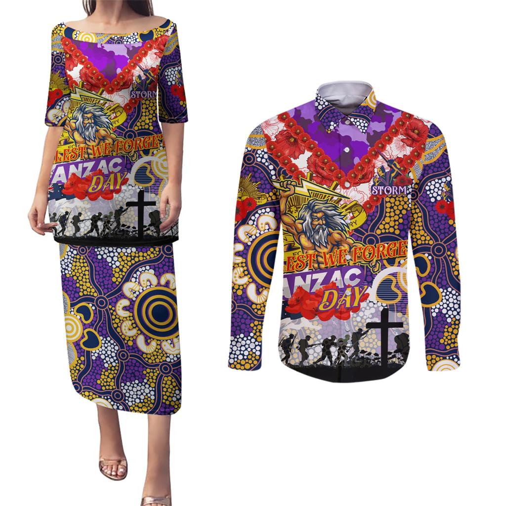 Personalised Storm ANZAC Day Couples Matching Puletasi and Long Sleeve Button Shirt Aboriginal Rising Sun