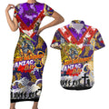Personalised Storm ANZAC Day Couples Matching Short Sleeve Bodycon Dress and Hawaiian Shirt Aboriginal Rising Sun