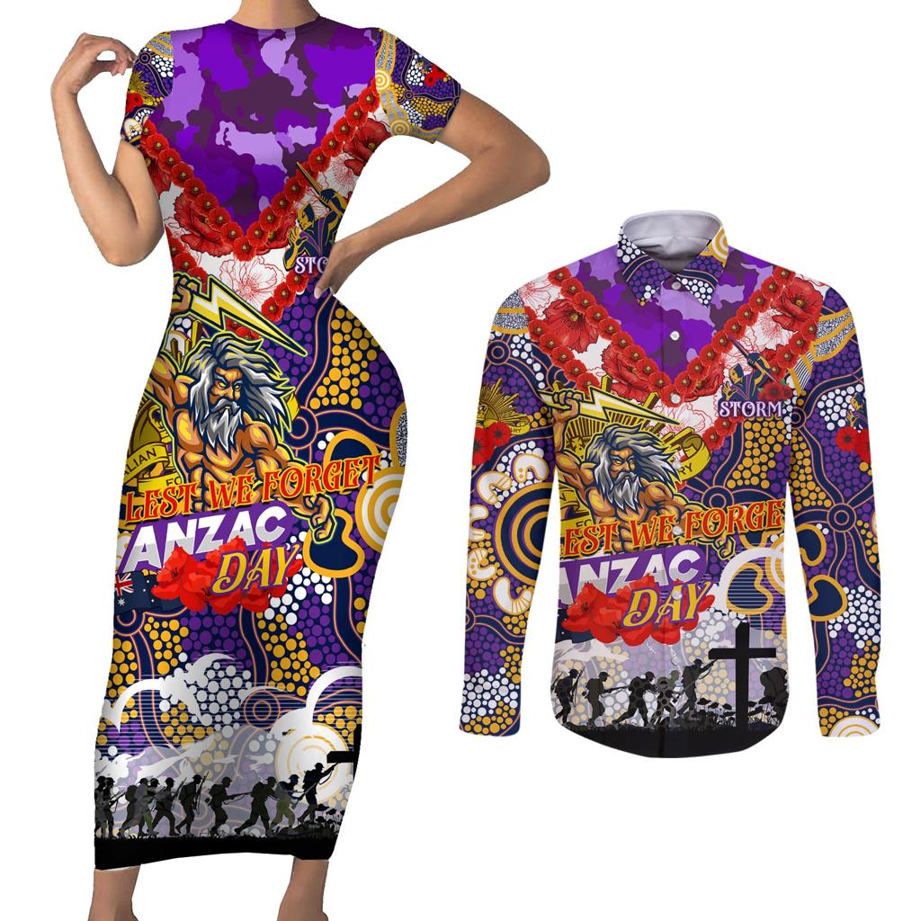 Personalised Storm ANZAC Day Couples Matching Short Sleeve Bodycon Dress and Long Sleeve Button Shirt Aboriginal Rising Sun