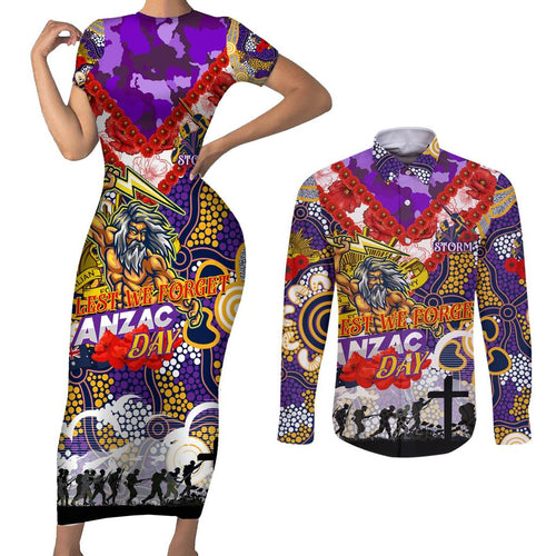 Personalised Storm ANZAC Day Couples Matching Short Sleeve Bodycon Dress and Long Sleeve Button Shirt Aboriginal Rising Sun